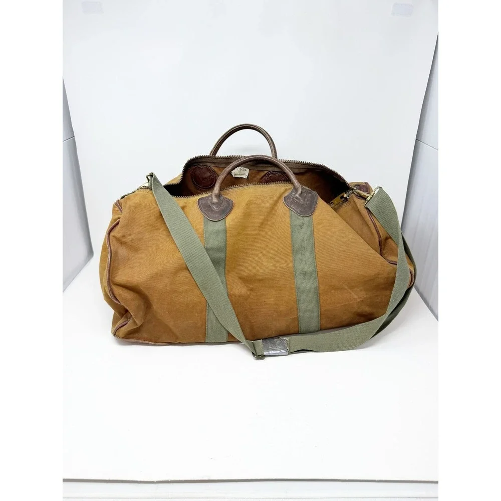 LL Bean Vintage 80s Canvas Duffle Bag Leather Trim Carry On Outdoor Green XL
